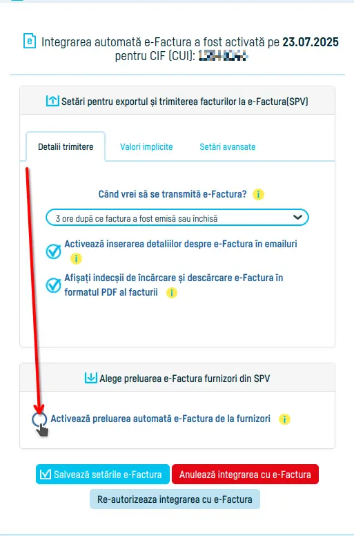 Cum activezi preluarea automată din SPV a e-Facturilor - pasul 2